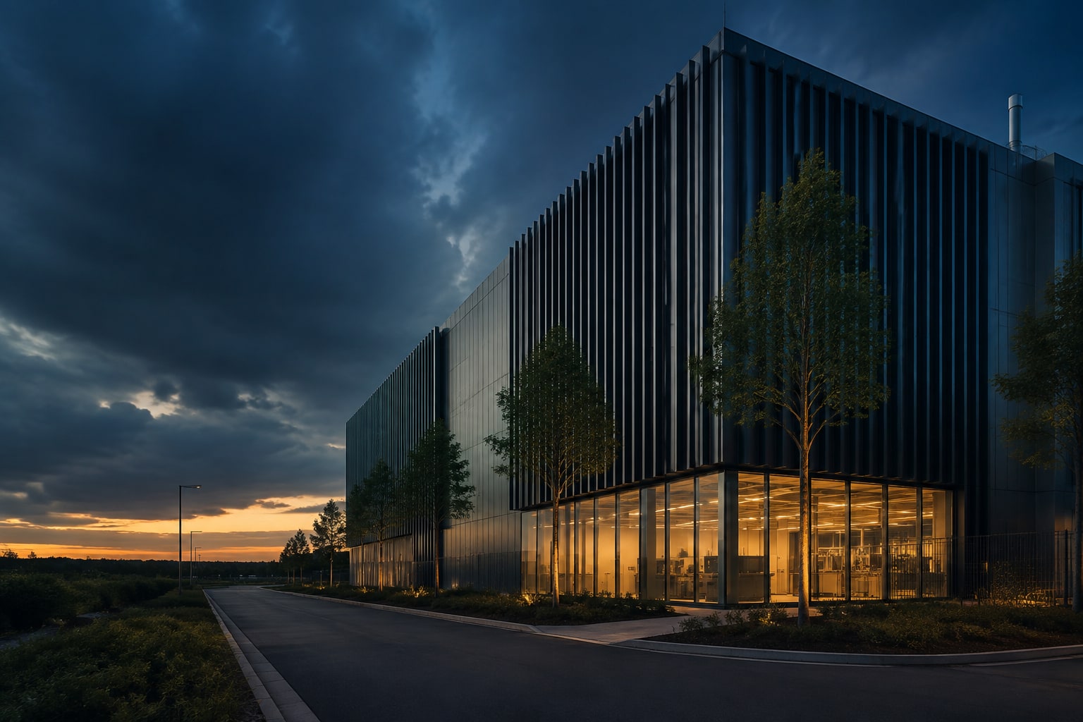Architectural illustration of a contemporary Data Center at dusk